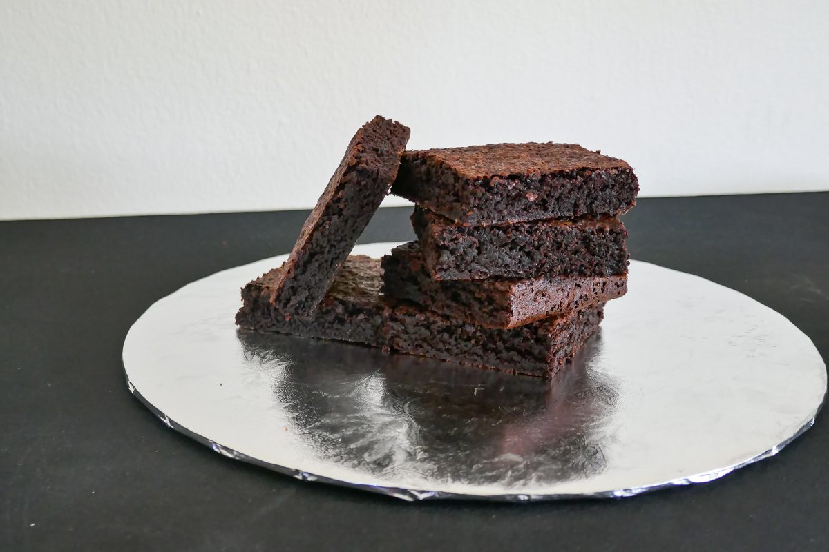 Stack of fudgy chocolate brownies