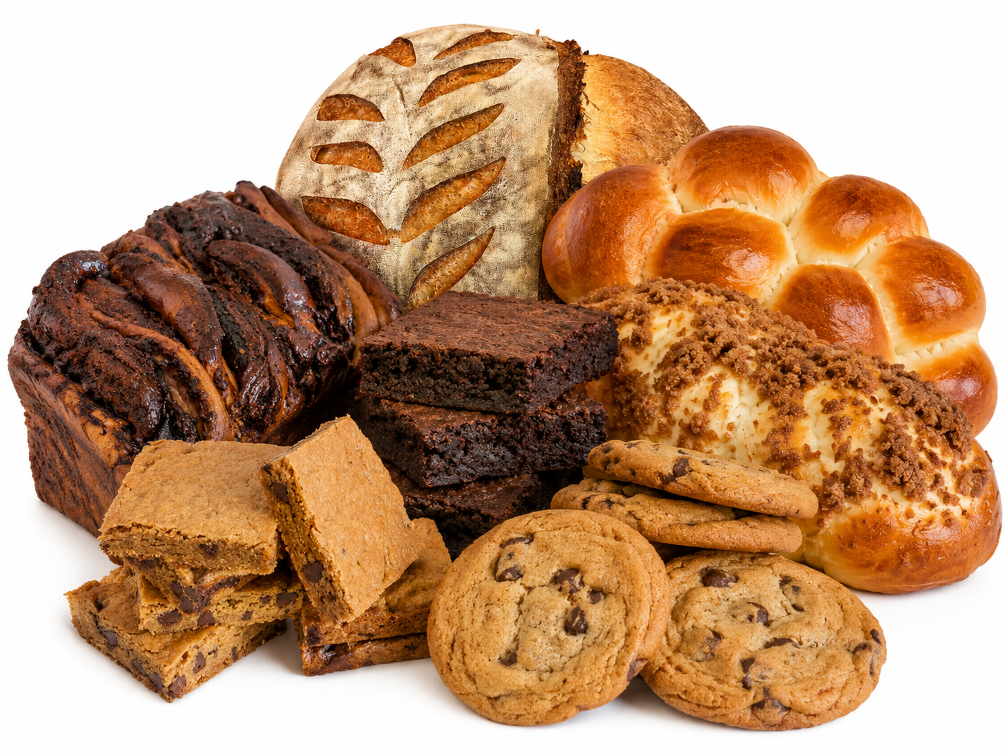 A pile of freshly baked favorites from Elli's Desserts in Central New Jersey — braided challah, chocolate babka, sourdough, cookies, brownies, and blondies